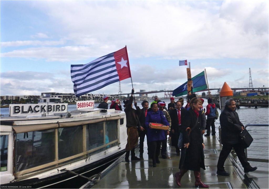 Disembarking from The Blackbird, Collins St Landing, Docklands (upstream from the Bolte Bridge)  Jacob Rumbiak, Minister for Foreign Affairs, Immigration and Trade (FRWP) with Councillor Amanda Stone (Yarra City Council)